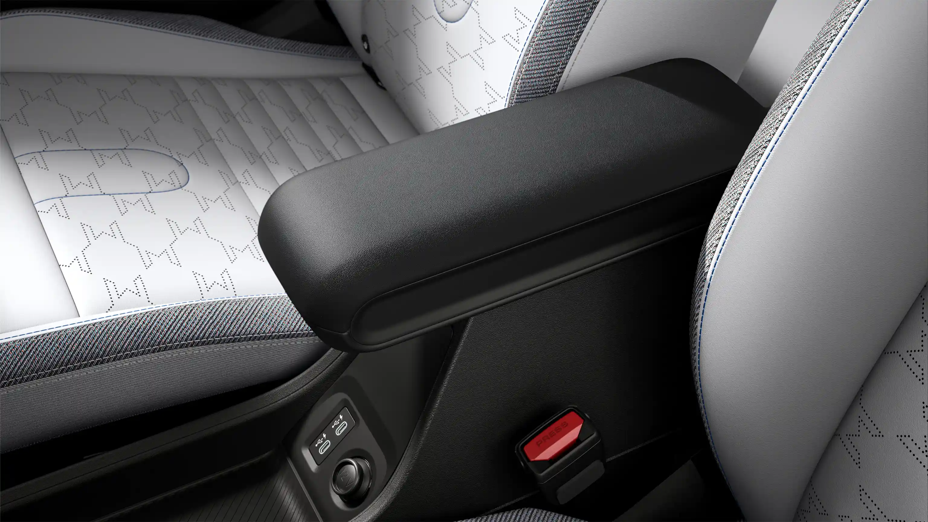 View of the MINI Cooper Classic Style showing the armrest and seats in Grey/Blue - Vescin/Cloth