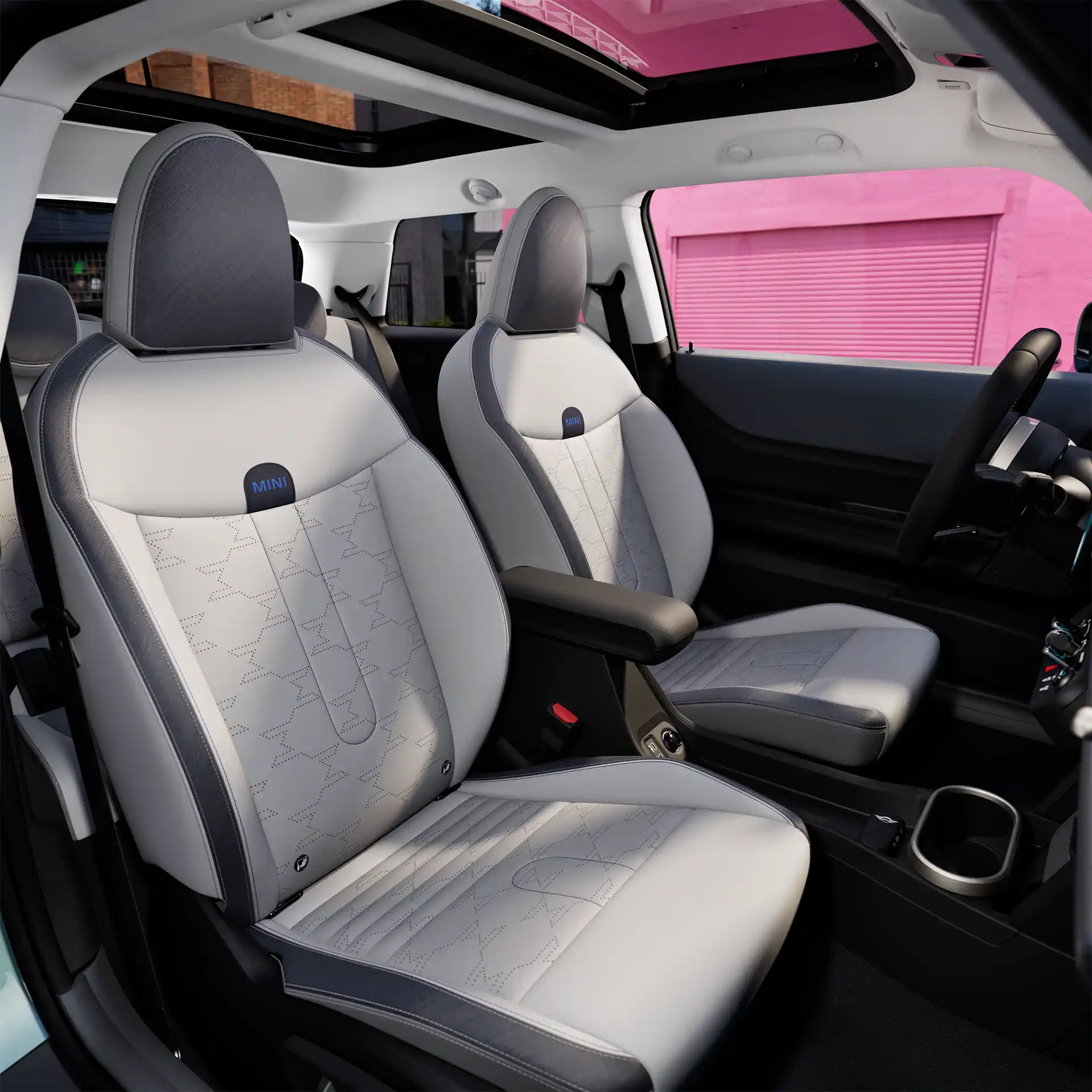 Interior view of the MINI Cooper with Grey/Blue Vescin/Cloth front seats 