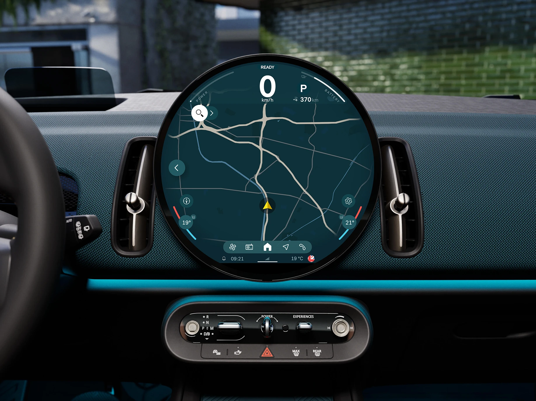 Detail view of the all-electric MINI Countryman interaction unit with focus on the navigation.