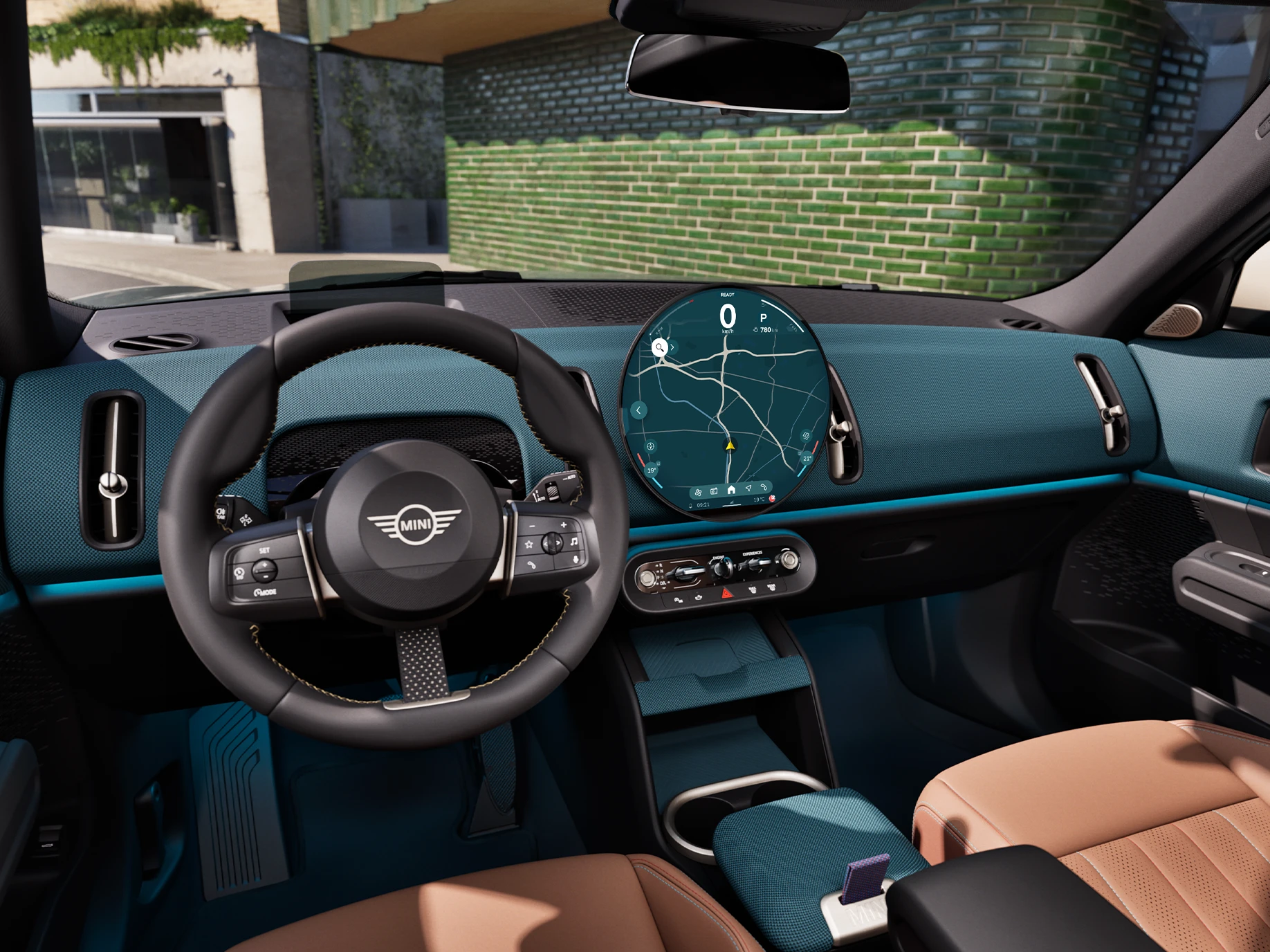 Side interior view of the MINI Countryman with focus on the Dashboard and the steering wheel.