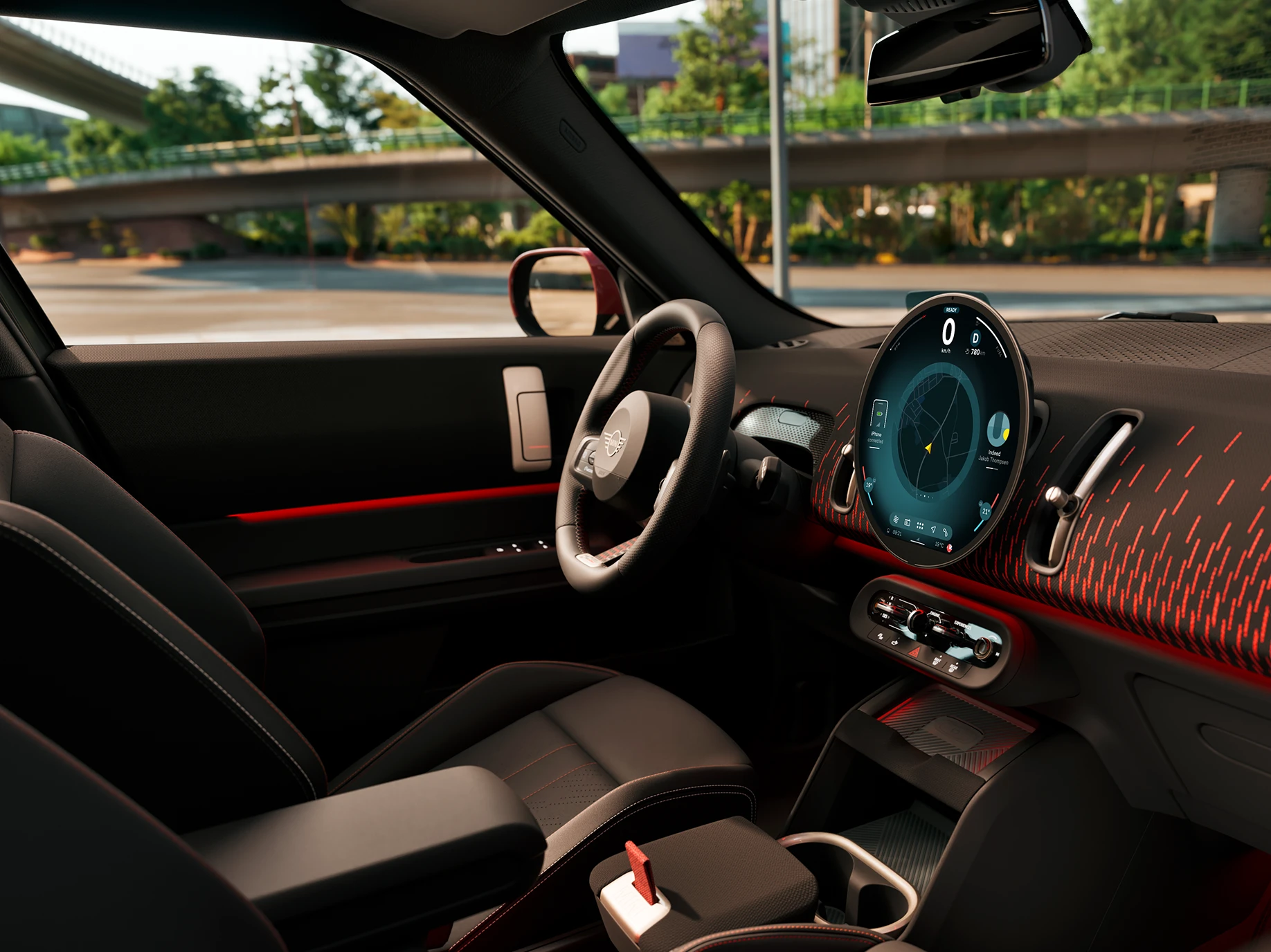 Side interior view of the MINI Countryman dashboard with John Cooper Works Trim.