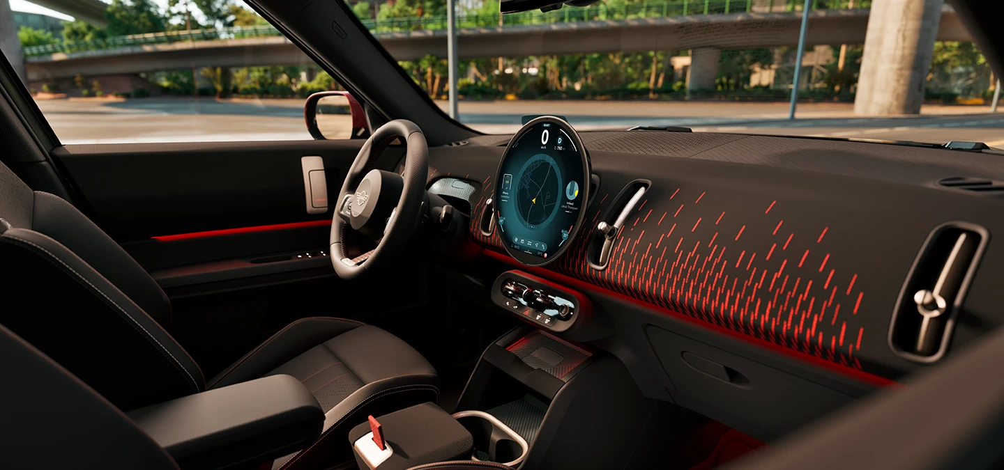 Side interior view of the MINI Countryman dashboard with John Cooper Works Trim.