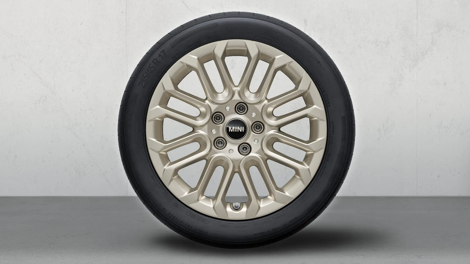 Close up of the MINI U-Spoke 956, 17" Light Alloy Wheel in a glossy, Vibrant Silver finish.