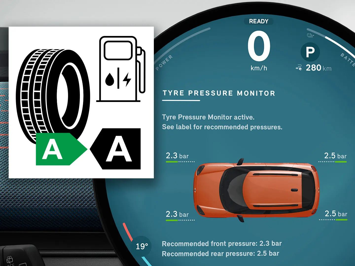 Close-up of the MINI touchscreen displaying the current Tyre Pressure Monitor information.
