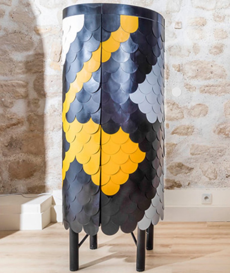 Mash T’s Mjojo cabinet, also procured for the Museum of Decorative Arts collection, references the local JoJo water storage tanks. “(I)t was this outlandish idea that I had, and really I wanted to satisfy my own curiosity to see if it could work,” says Mjo.