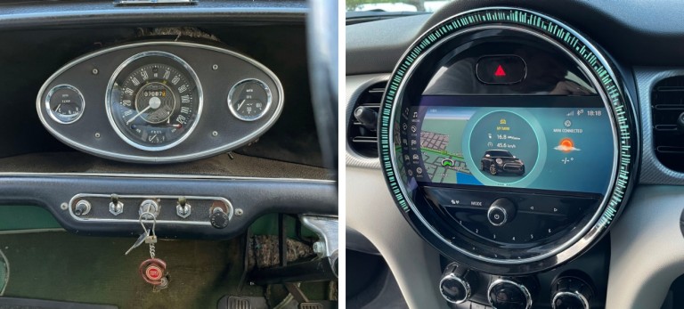  The distinctive centrally mounted speedometer on automotive engineer’s John Cooper modified version of the classic MINI is reprised in the new all-electric MINI SE as a touchscreen infotainment display with smartphone connectivity.