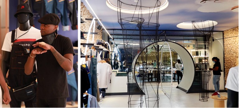 TSHEPO now has a store in Hyde Park Corner. “Asher Marcus and Hubo Studio helped us out with the store design and with the world map mural – inspired by a guiding narrative of denim’s global story, a story that starts in Africa,” says Mohlala.