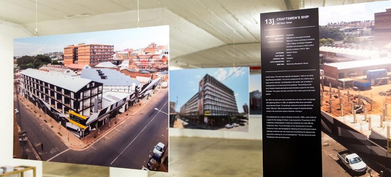 The centre of the exhibition includes hanging panels displaying some of the key buildings in the Maboneng Precinct that have been reinvented over the past decade, including The Craftsmen’s Ship, which once housed a track for racing whippets.